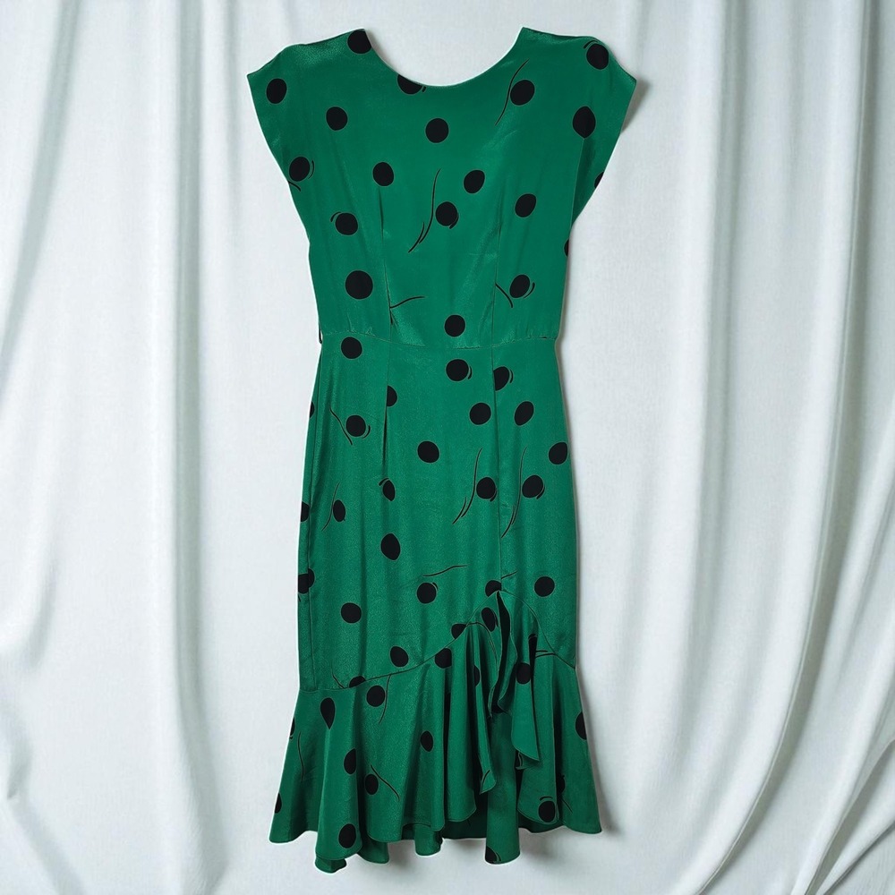 Vintage Green Polka‎ Dot Dress Ruffle Hem Button Back Midi Party Career Women 5
